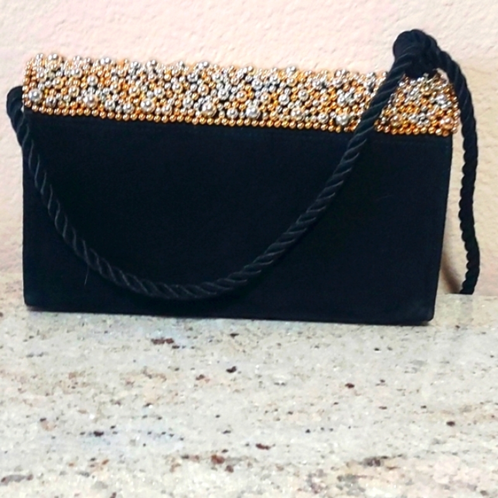 Evening Shoulder/Cluch Velvet with Gold & Silver beads, Velvet Braided Rope Bag. - Picture 2 of 7